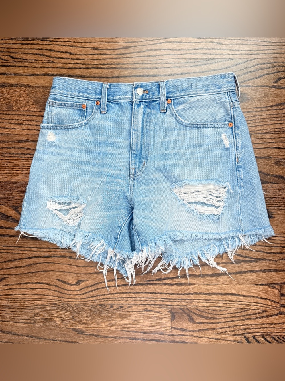 Madewell Mid Length Relaxed Fit Distressed Denim Shorts - size 29